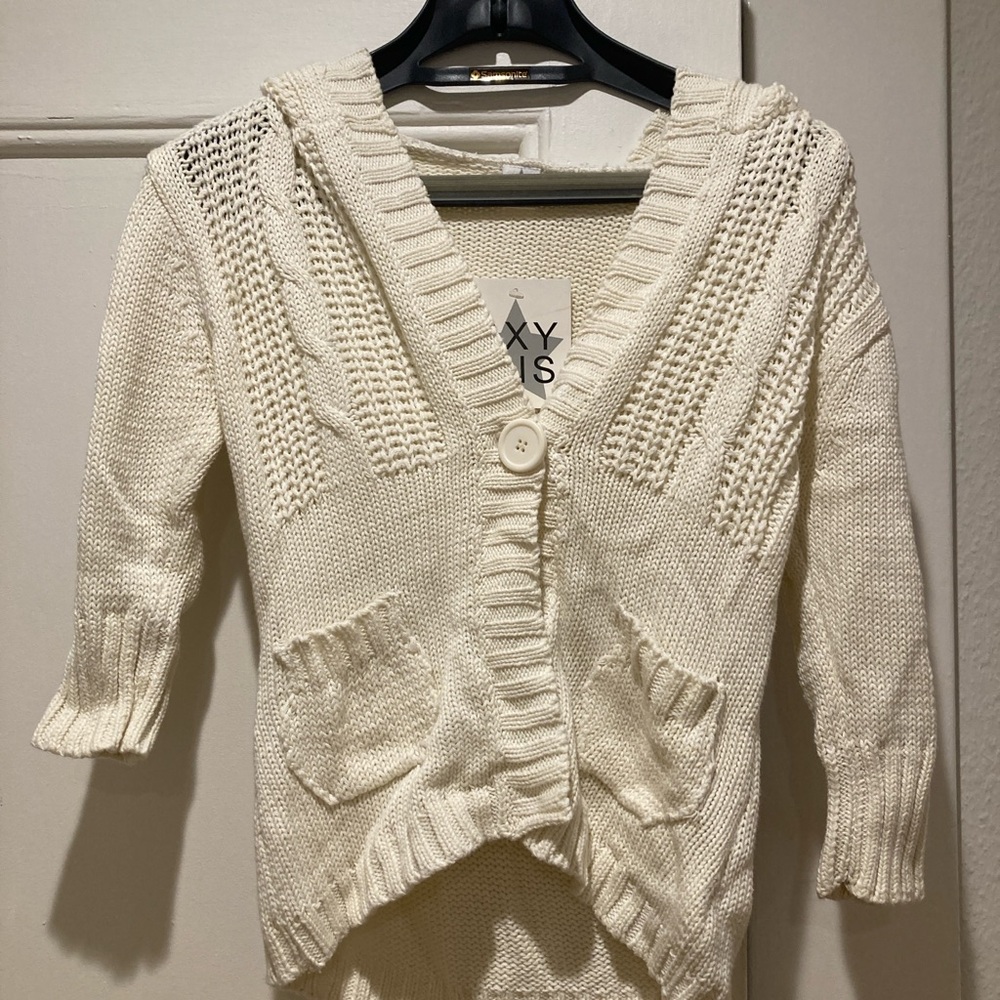 NWT  White Cable Knit Hooded Button Cardigan